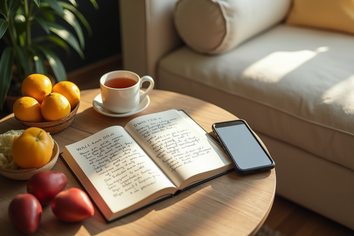 Objets de bien etre sur table dans un salon lumineux
