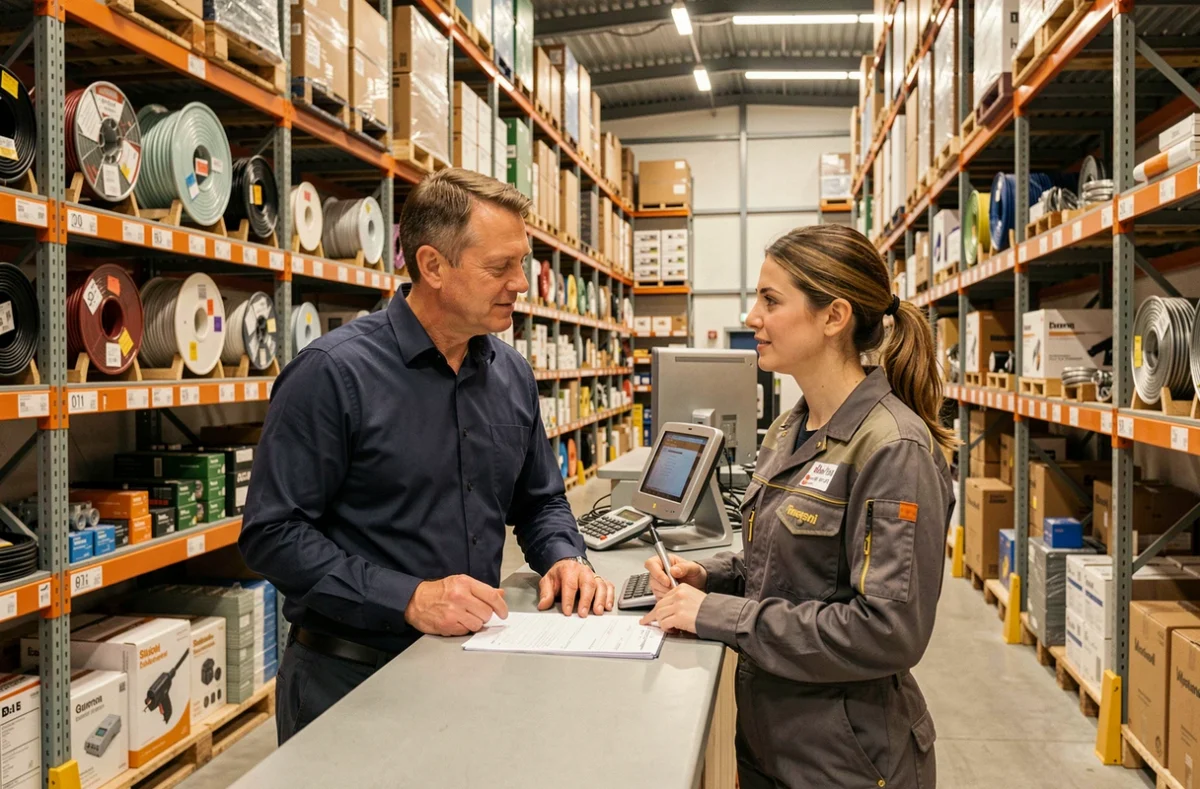Conseiller Sonepar Nord aidant un électricien professionnel dans l'entrepôt de distribution à Lille