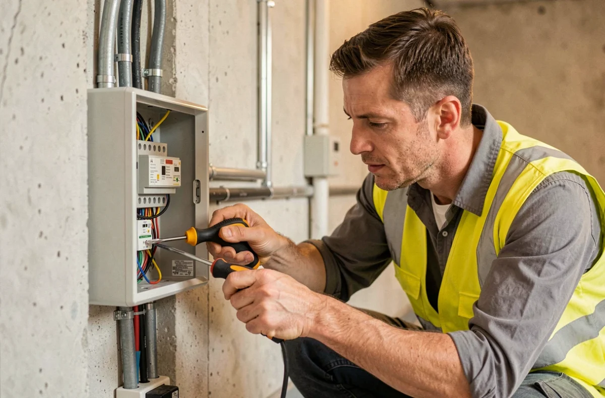 Électricien de SOS Bâtiment à Plesnois travaillant sur un tableau électrique résidentiel