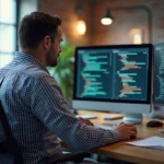 Homme informatique concentré sur ses écrans en bureau moderne