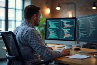 Homme informatique concentré sur ses écrans en bureau moderne