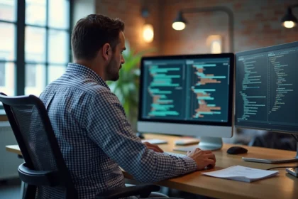 Homme informatique concentré sur ses écrans en bureau moderne