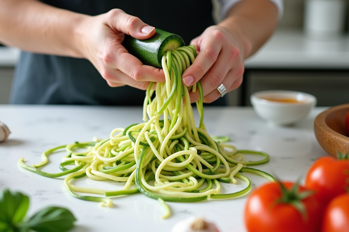 Mains spiralant une courgette verte avec tomates et basilic