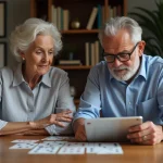 Homme et femme concentrés analysant des cartes de bridge et une tablette