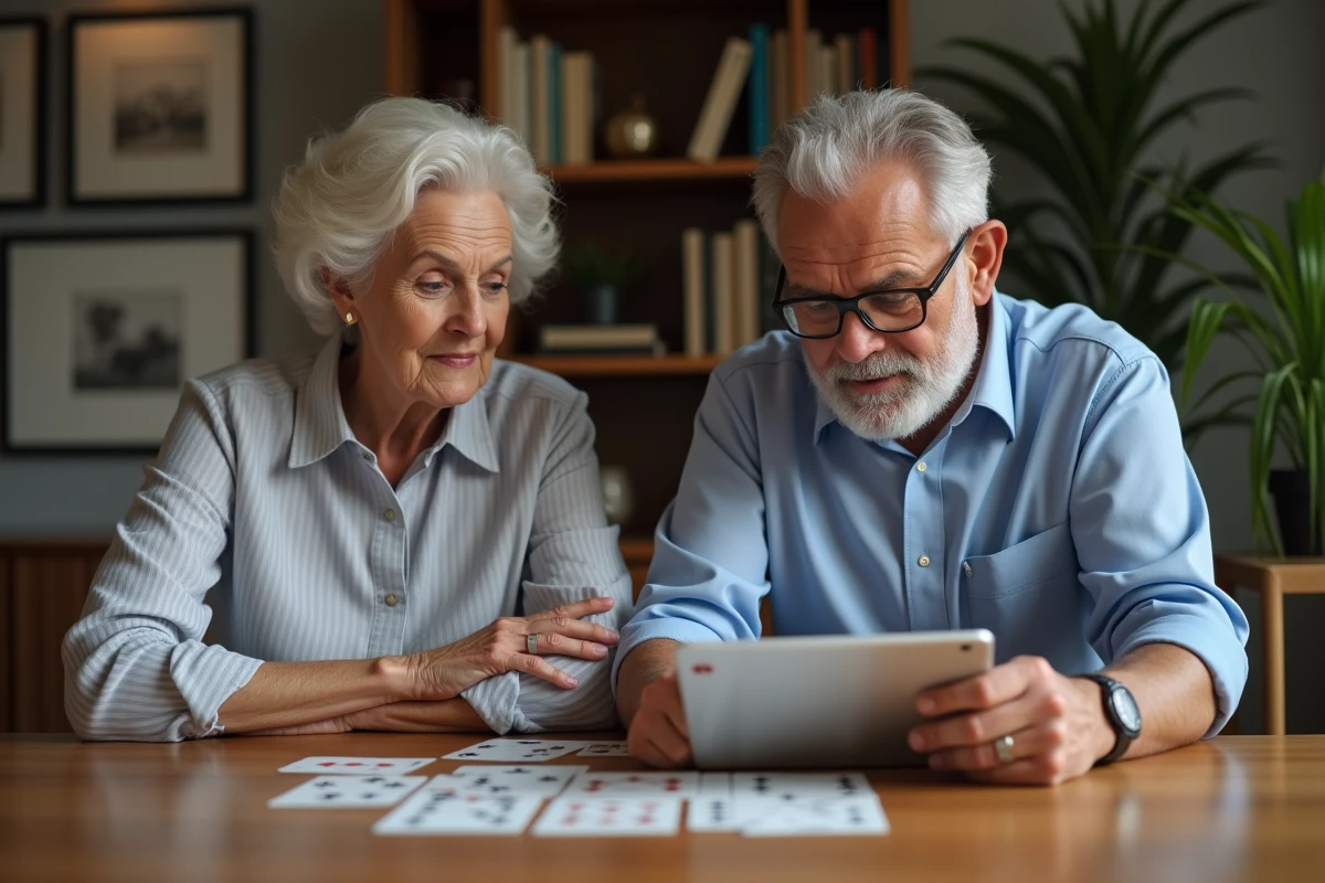 Homme et femme concentrés analysant des cartes de bridge et une tablette