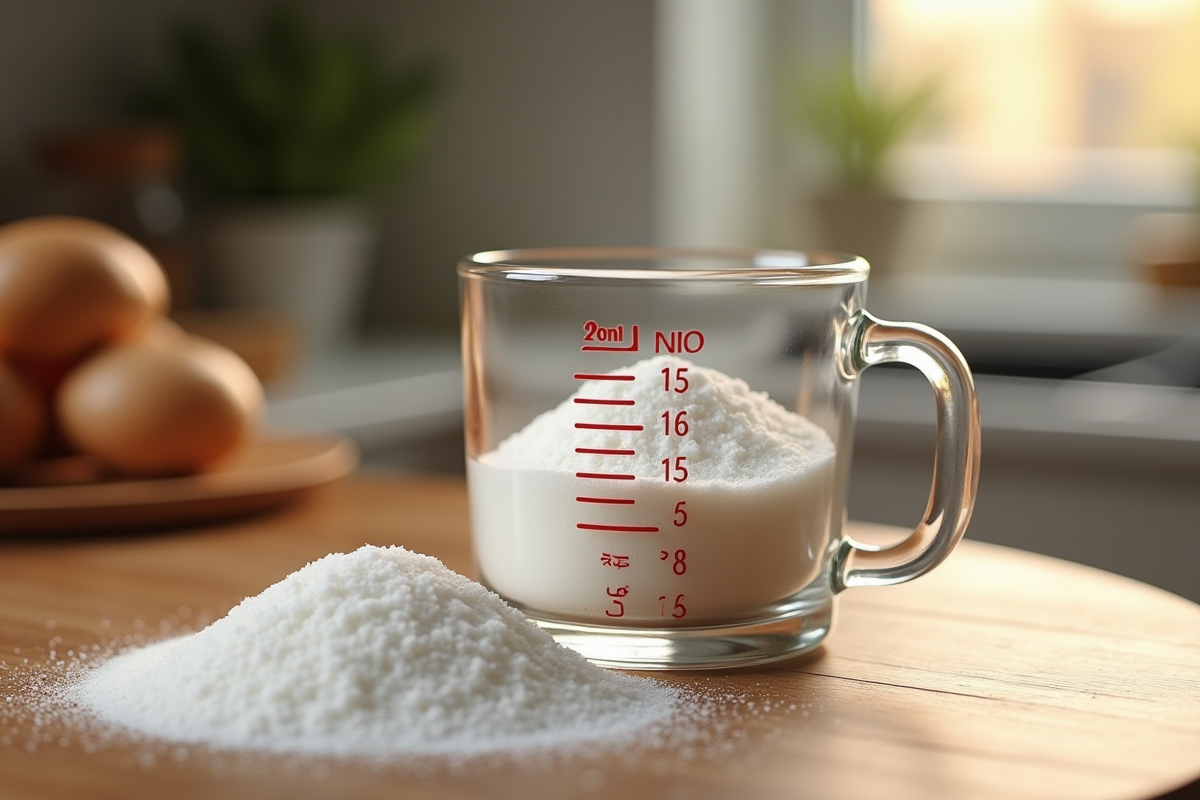 Gros plan sur sucre mesuré dans un verre en bois