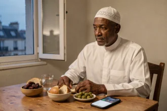 Homme musulman prenant le suhoor avant l'aube pendant le Ramadan dans un appartement parisien avec un calendrier de prières affiché sur smartphone