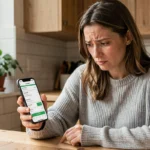 Femme frustrée regardant son téléphone avec un suivi de colis Vinted bloqué sur 'en transit'