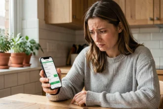 Femme frustrée regardant son téléphone avec un suivi de colis Vinted bloqué sur 'en transit'