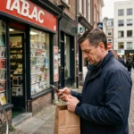 Homme devant un bureau de tabac en ville consultant son téléphone pendant une pause de travail
