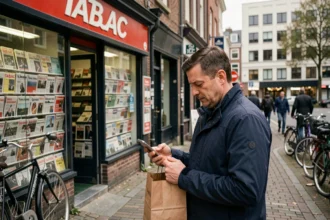 Homme devant un bureau de tabac en ville consultant son téléphone pendant une pause de travail