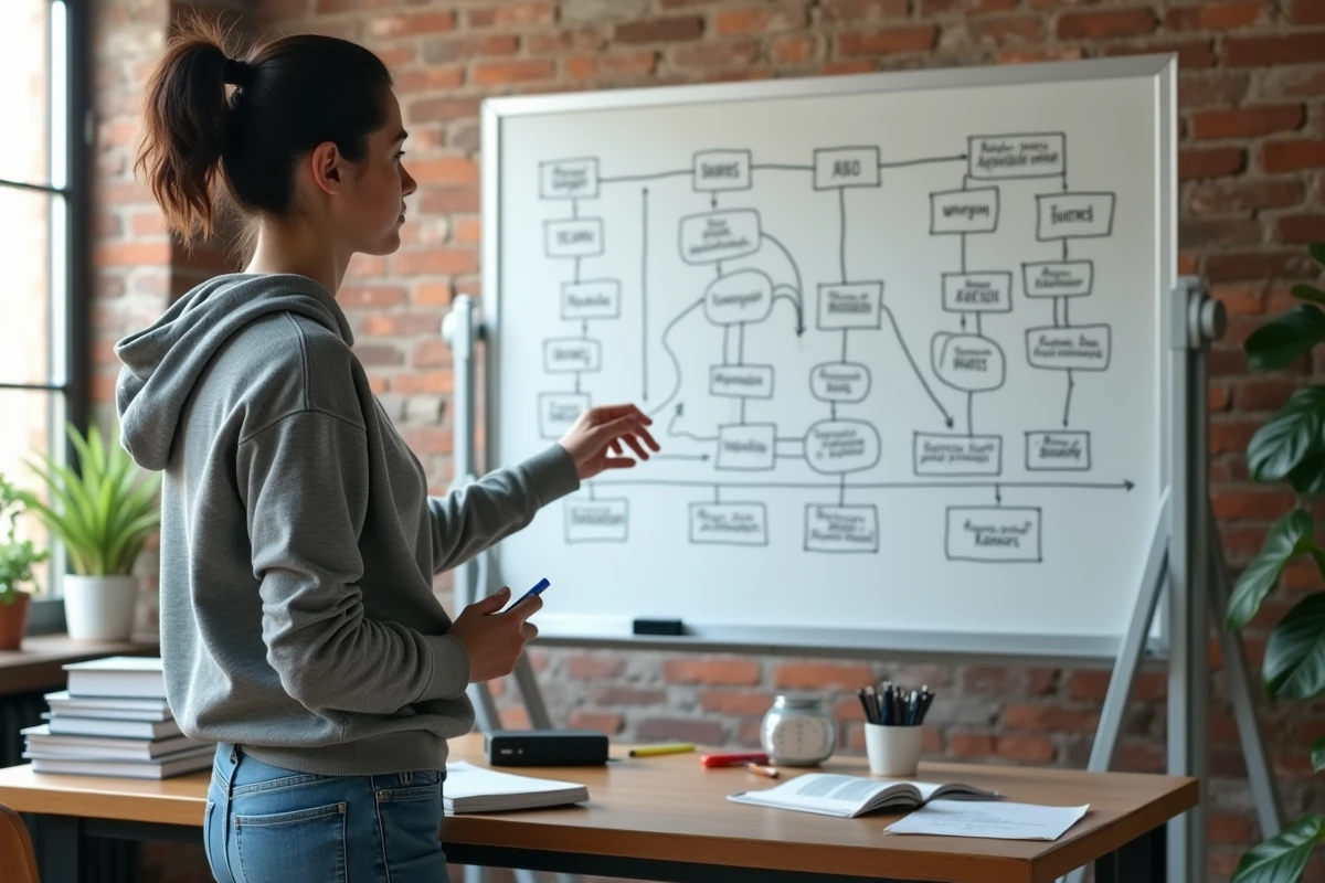 Jeune femme présentant un tableau chronologique détaillé de l'ordre des films Spider-Man avec Tom Holland