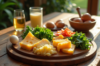 Table de nourriture riche en vitamine K2 sous lumière naturelle