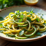 Ribbons de courgette en tagliatelle sur une assiette rustique