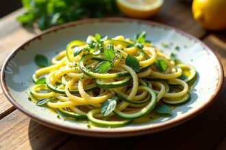 Ribbons de courgette en tagliatelle sur une assiette rustique