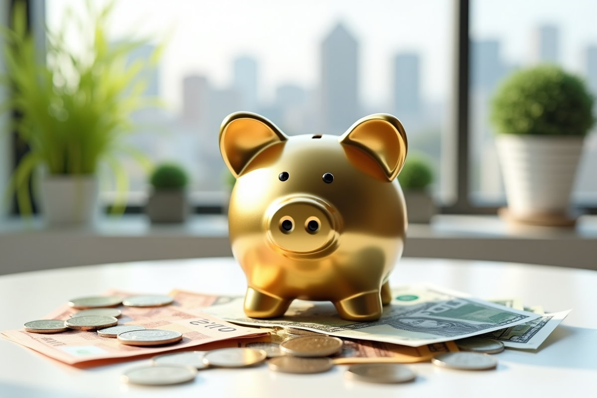 Tirelire en or entourée de billets et pièces dans un cadre lumineux