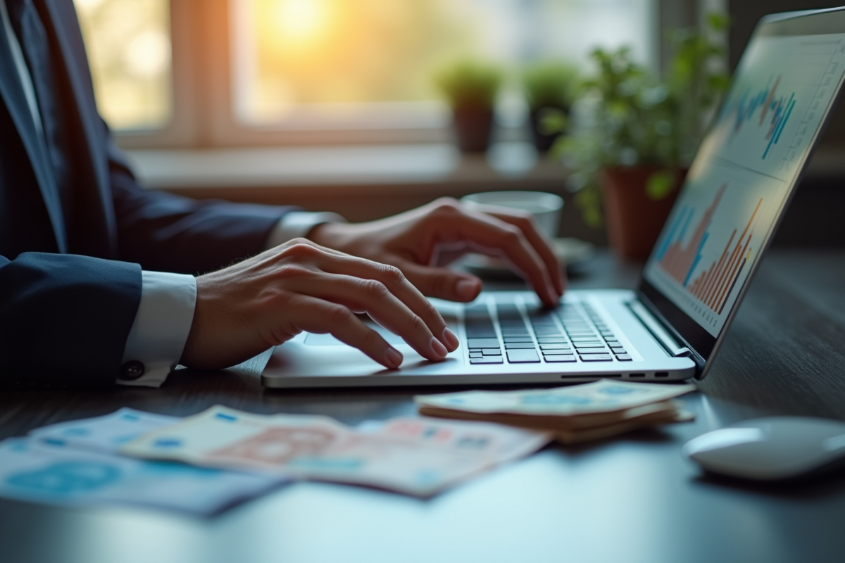 Main en costume tapant sur un ordinateur avec graphiques financiers