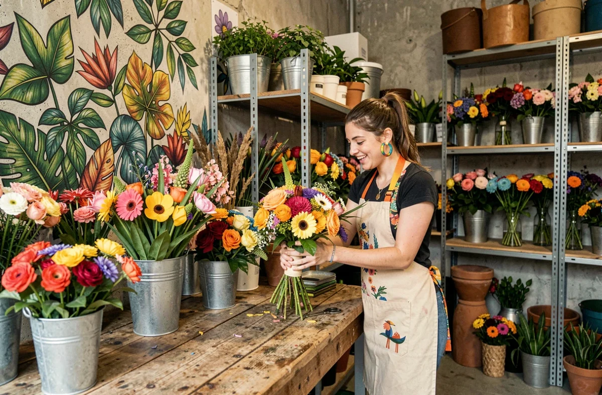 Boutique Urban Fleurs à Saint-Denis avec des murs en béton ornés de murales botaniques et une jeune fleuriste assemblant un bouquet tropical éclectique