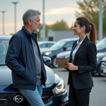 Homme d'âge moyen discutant avec une vendeuse de voitures d'occasion
