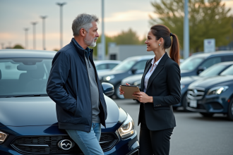 Homme d'âge moyen discutant avec une vendeuse de voitures d'occasion