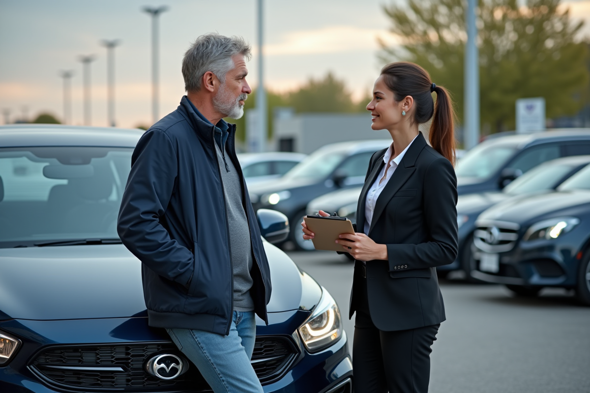 Homme d'âge moyen discutant avec une vendeuse de voitures d'occasion