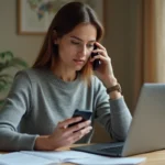 Femme vérifiant la fiabilité d'un numéro de téléphone inconnu sur smartphone et ordinateur portable