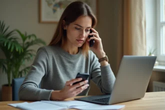 Femme vérifiant la fiabilité d'un numéro de téléphone inconnu sur smartphone et ordinateur portable