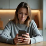 Femme vérifiant un numéro de suivi DPD sur son smartphone à la maison pour éviter les arnaques de livraison