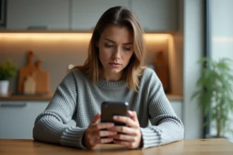 Femme vérifiant un numéro de suivi DPD sur son smartphone à la maison pour éviter les arnaques de livraison