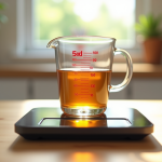 Verre mesureur rempli de liquide sur balance digitale