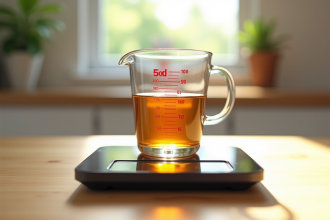 Verre mesureur rempli de liquide sur balance digitale