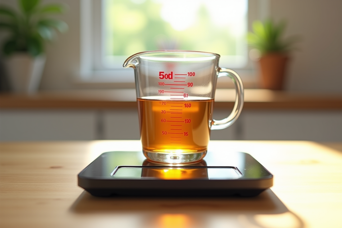 Verre mesureur rempli de liquide sur balance digitale