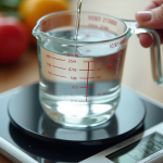 Verre mesureur avec 200 ml d'eau versé sur une balance