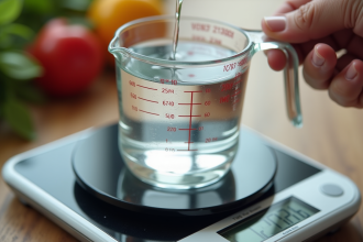 Verre mesureur avec 200 ml d'eau versé sur une balance