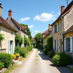 Village français paisible avec maisons en pierre et jardins