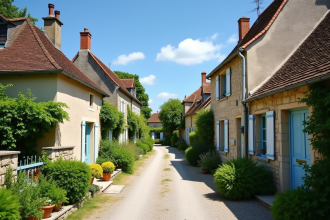 Village français paisible avec maisons en pierre et jardins