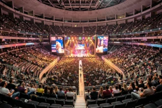 Vue panoramique intérieure de l'Accor Arena lors d'un concert avec gradins remplis et scène centrale illuminée